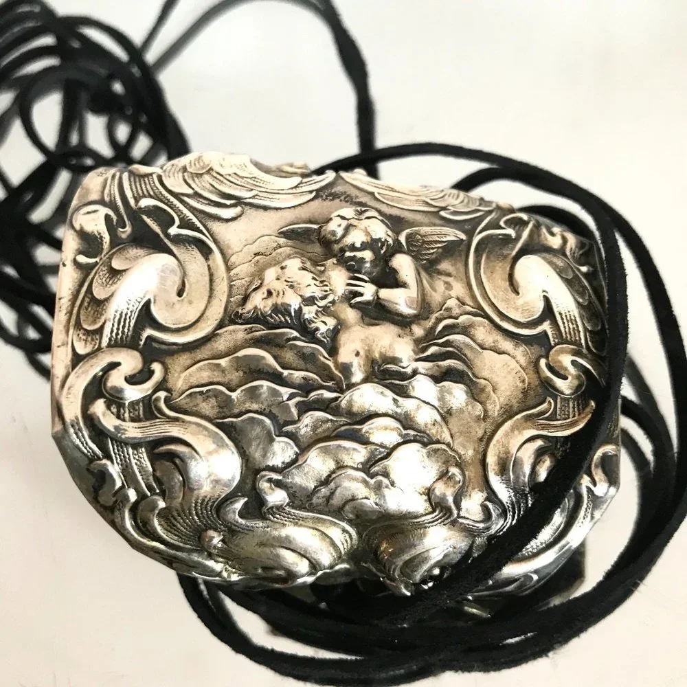 Antique Sterling Silver 925 Cuff Tie Wrap Bracelet Victorian Cherub Putti Biker - Picture 12 of 13